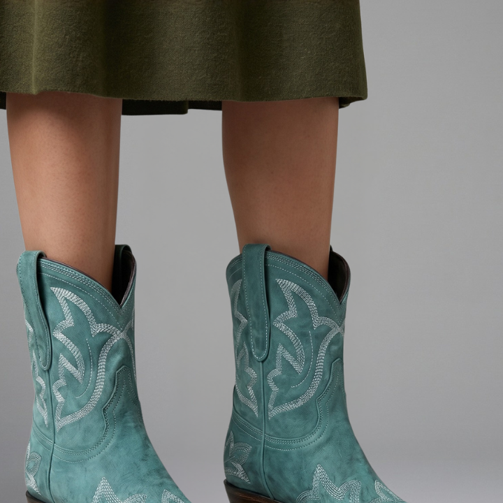 Embroidered Ankle Boots with Block Heel