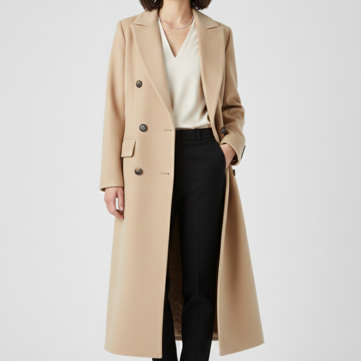 Double-Breasted Longline Trench Coat with Notched Lapel
