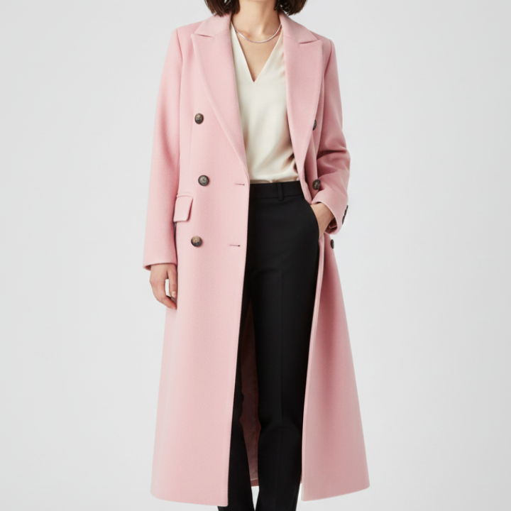 Double-Breasted Longline Trench Coat with Notched Lapel