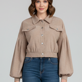 Cropped Button Front Jacket with Balloon Sleeves