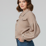 Cropped Button Front Jacket with Balloon Sleeves