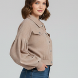 Cropped Button Front Jacket with Balloon Sleeves