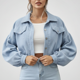 Cropped Button Front Jacket with Balloon Sleeves