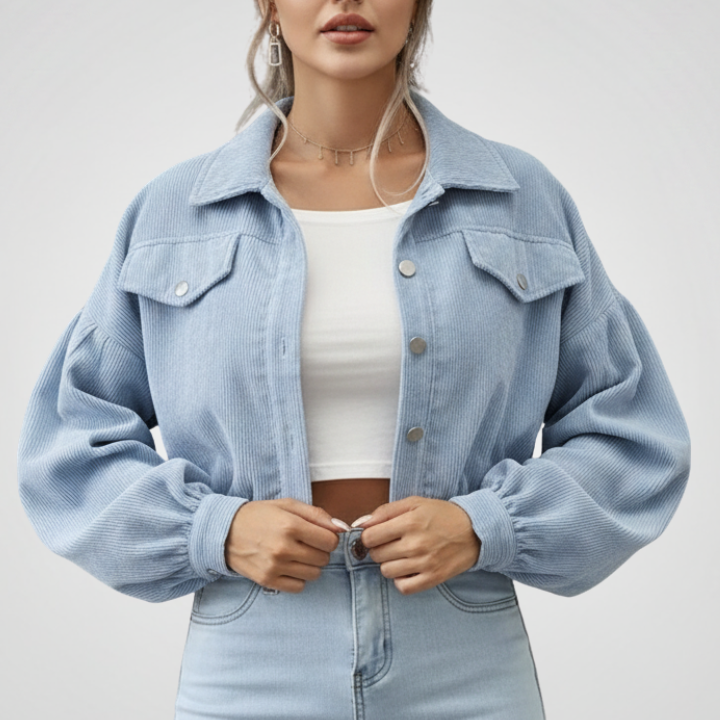 Cropped Button Front Jacket with Balloon Sleeves
