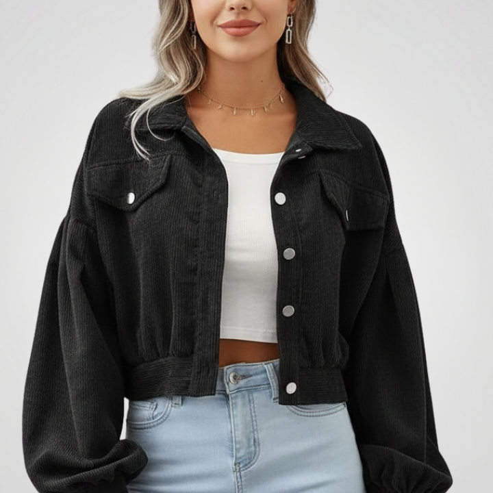 Cropped Button Front Jacket with Balloon Sleeves