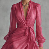 Wrap Maxi Dress with Thigh Slit and Puff Sleeves