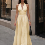 A-Line Halter Maxi Dress with V-Neck