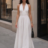 A-Line Halter Maxi Dress with V-Neck
