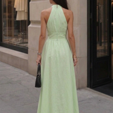 A-Line Halter Maxi Dress with V-Neck
