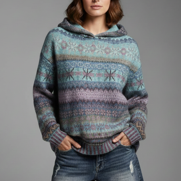Fair Isle Hooded Knit Sweater with Ribbed Cuff