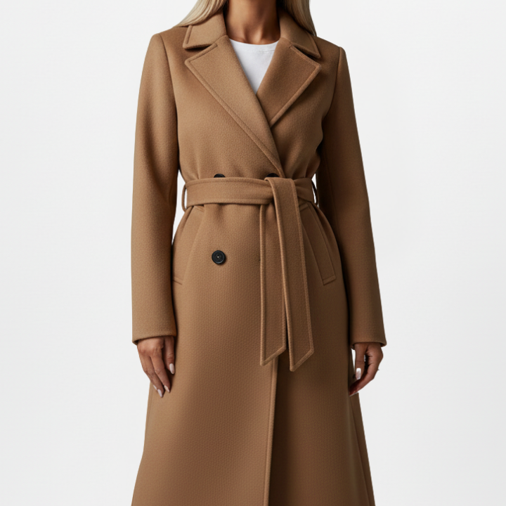 Double-Breasted Long Trench Coat with Belt