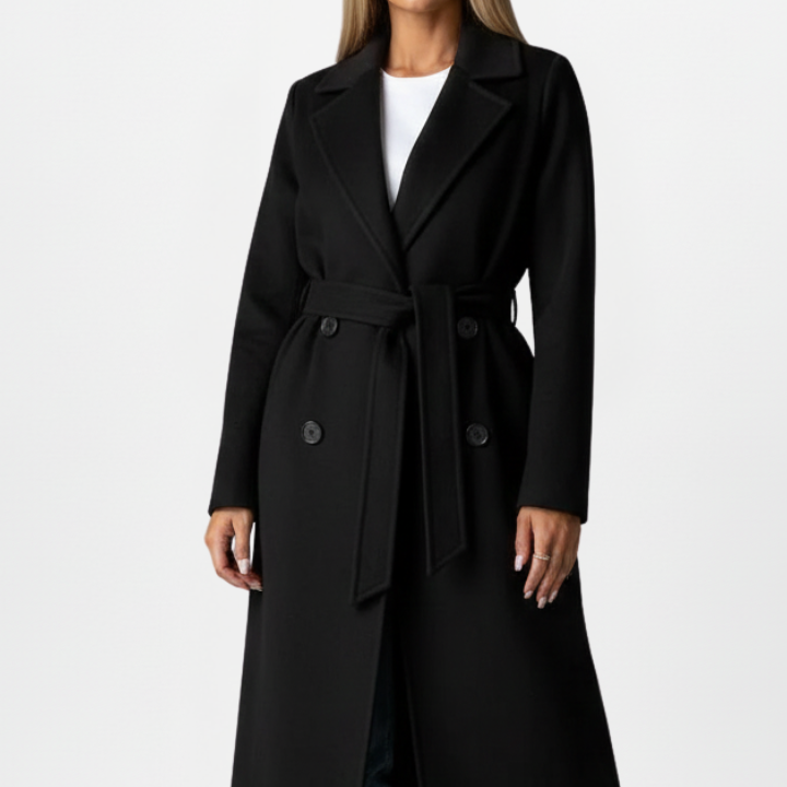 Double-Breasted Long Trench Coat with Belt
