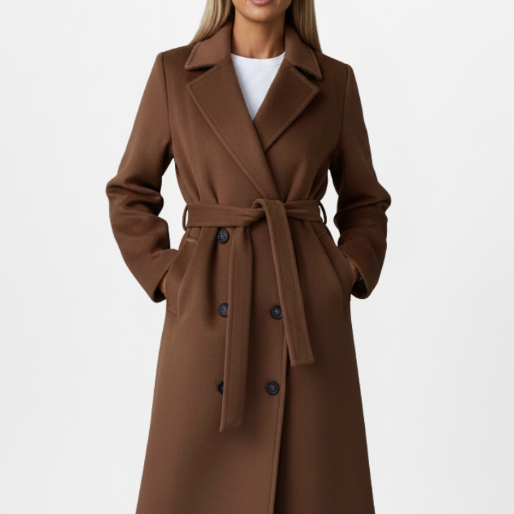 Double-Breasted Long Trench Coat with Belt