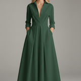 Collared A-Line Midi Dress with Pleated Skirt