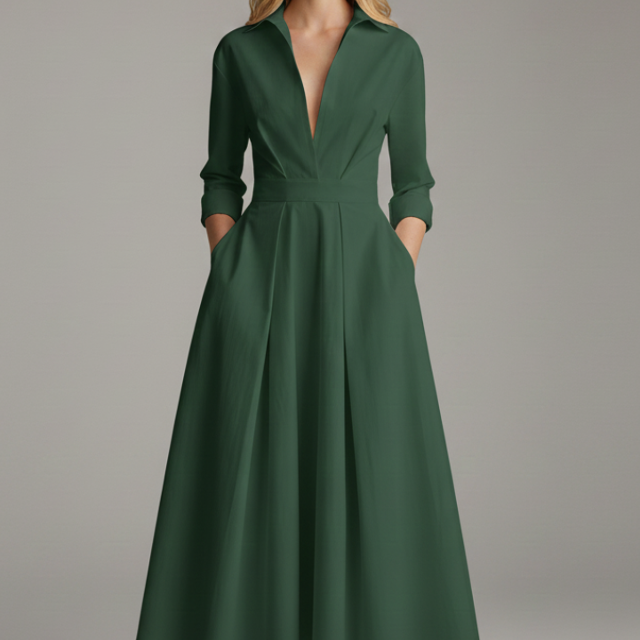 Collared A-Line Midi Dress with Pleated Skirt