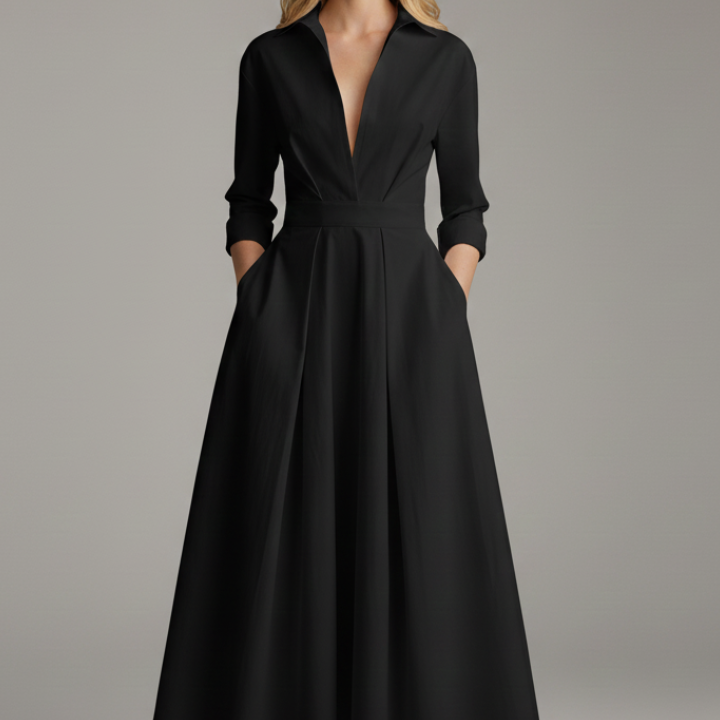 Collared A-Line Midi Dress with Pleated Skirt