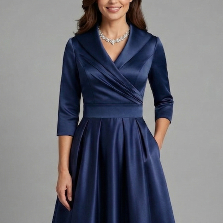 V-Neck Wrap Satin Pleated Midi Dress