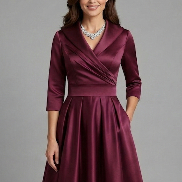 V-Neck Wrap Satin Pleated Midi Dress