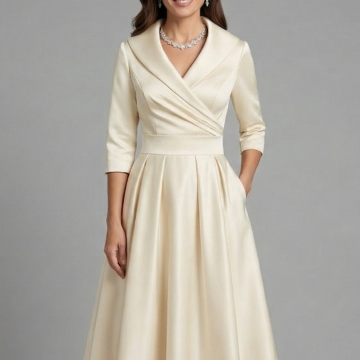 V-Neck Wrap Satin Pleated Midi Dress