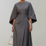Belted Midi Dress with Cape Sleeves and Round Neck