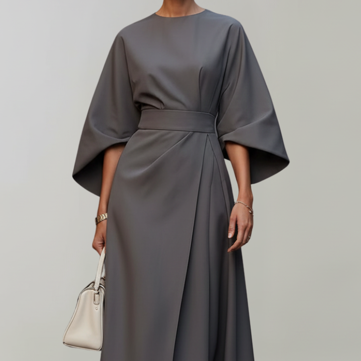 Belted Midi Dress with Cape Sleeves and Round Neck