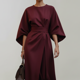 Belted Midi Dress with Cape Sleeves and Round Neck
