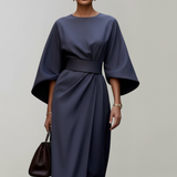 Belted Midi Dress with Cape Sleeves and Round Neck