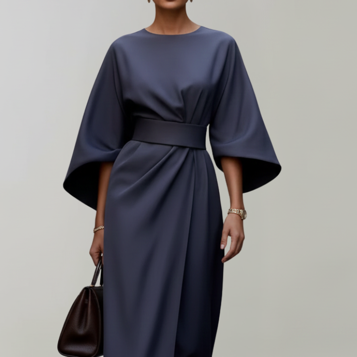 Belted Midi Dress with Cape Sleeves and Round Neck