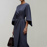 Belted Midi Dress with Cape Sleeves and Round Neck