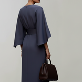 Belted Midi Dress with Cape Sleeves and Round Neck