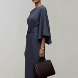 Belted Midi Dress with Cape Sleeves and Round Neck