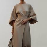 Belted Midi Dress with Cape Sleeves and Round Neck