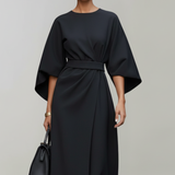 Belted Midi Dress with Cape Sleeves and Round Neck