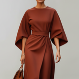 Belted Midi Dress with Cape Sleeves and Round Neck