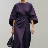 Belted Midi Dress with Cape Sleeves and Round Neck