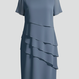 Crew Neck Layered Ruffle Midi Dress with Short Sleeves