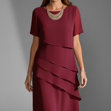 Crew Neck Layered Ruffle Midi Dress with Short Sleeves