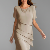 Crew Neck Layered Ruffle Midi Dress with Short Sleeves
