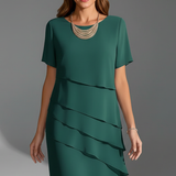 Crew Neck Layered Ruffle Midi Dress with Short Sleeves