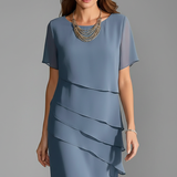 Crew Neck Layered Ruffle Midi Dress with Short Sleeves