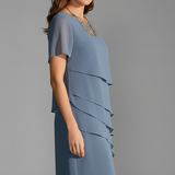 Crew Neck Layered Ruffle Midi Dress with Short Sleeves