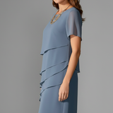 Crew Neck Layered Ruffle Midi Dress with Short Sleeves