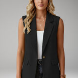 Tailored Button-Front Sleeveless Blazer with Side Pockets