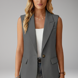 Tailored Button-Front Sleeveless Blazer with Side Pockets
