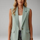 Tailored Button-Front Sleeveless Blazer with Side Pockets