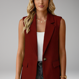 Tailored Button-Front Sleeveless Blazer with Side Pockets