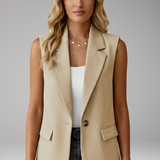 Tailored Button-Front Sleeveless Blazer with Side Pockets
