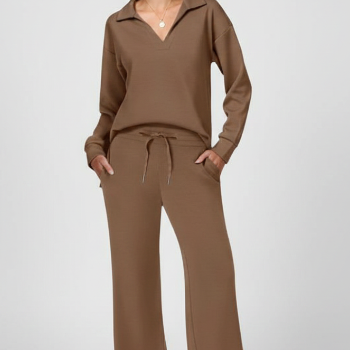 Wide-Leg Drawstring Two-Piece Set with Collared Top