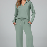 Wide-Leg Drawstring Two-Piece Set with Collared Top