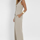 Button-Front V-Neck Waistcoat with Wide-Leg Trousers Set